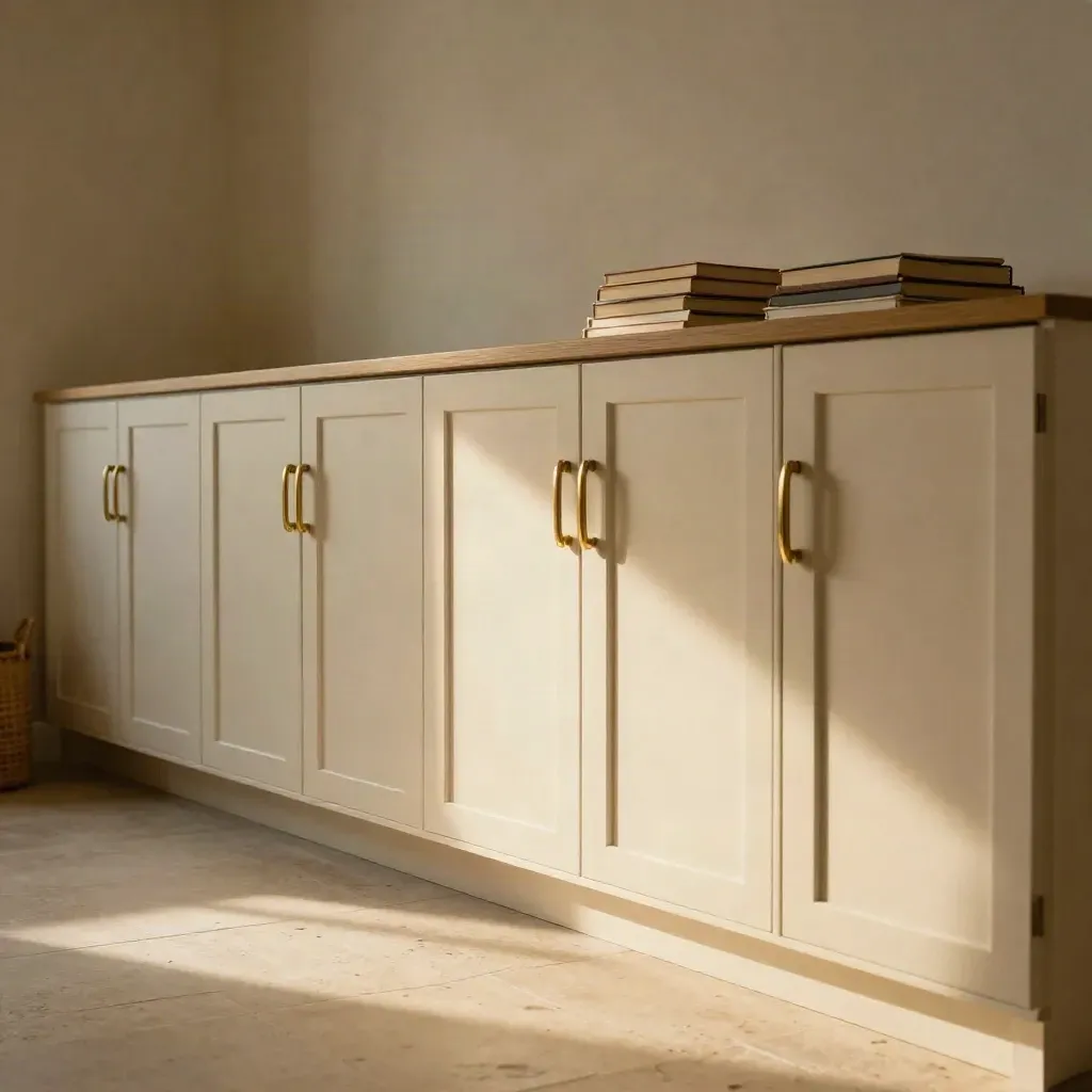 Floor-level cream storage cabinets with brass pulls, basket, and books in a moody interior.