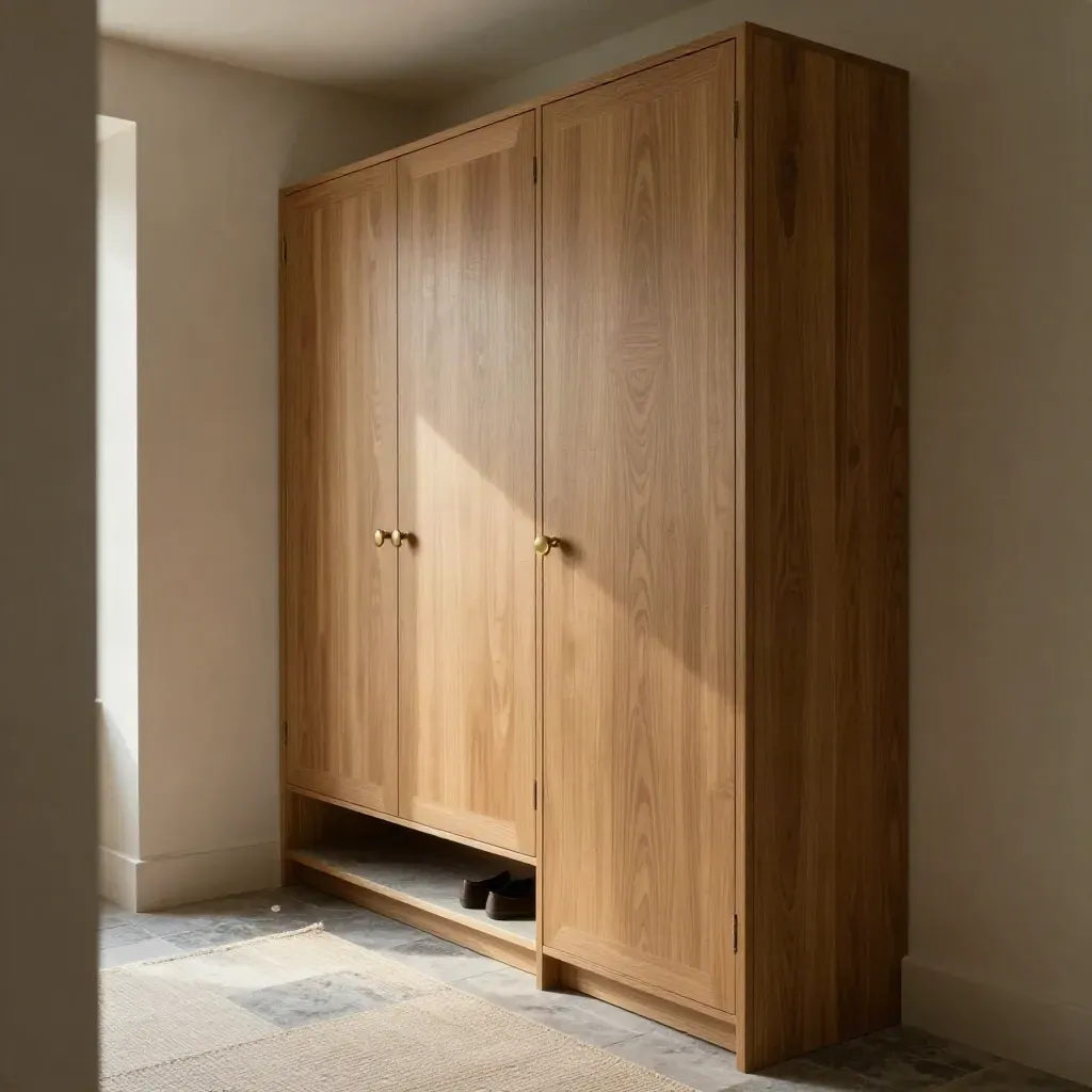 Two fitted wardrobes and a slim hall cabinet in a compact sage-toned entry room.