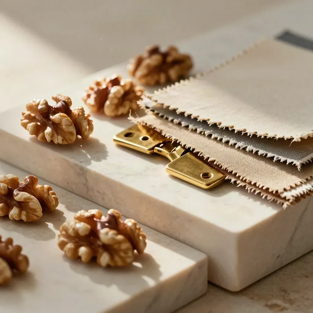 Macro still life of walnut veneer curls, brass hinge cups, and fabric samples on plaster.