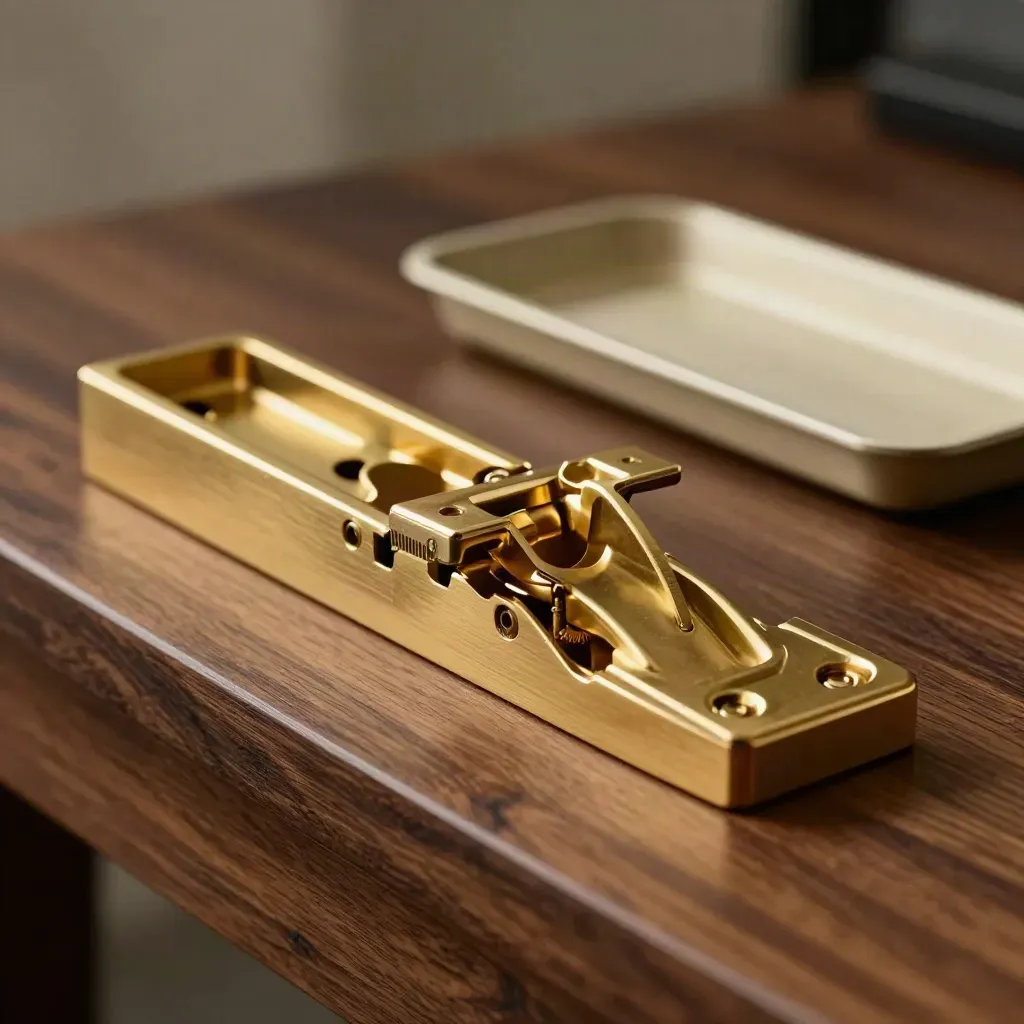 Brass drawer hardware arranged on walnut with dramatic studio light