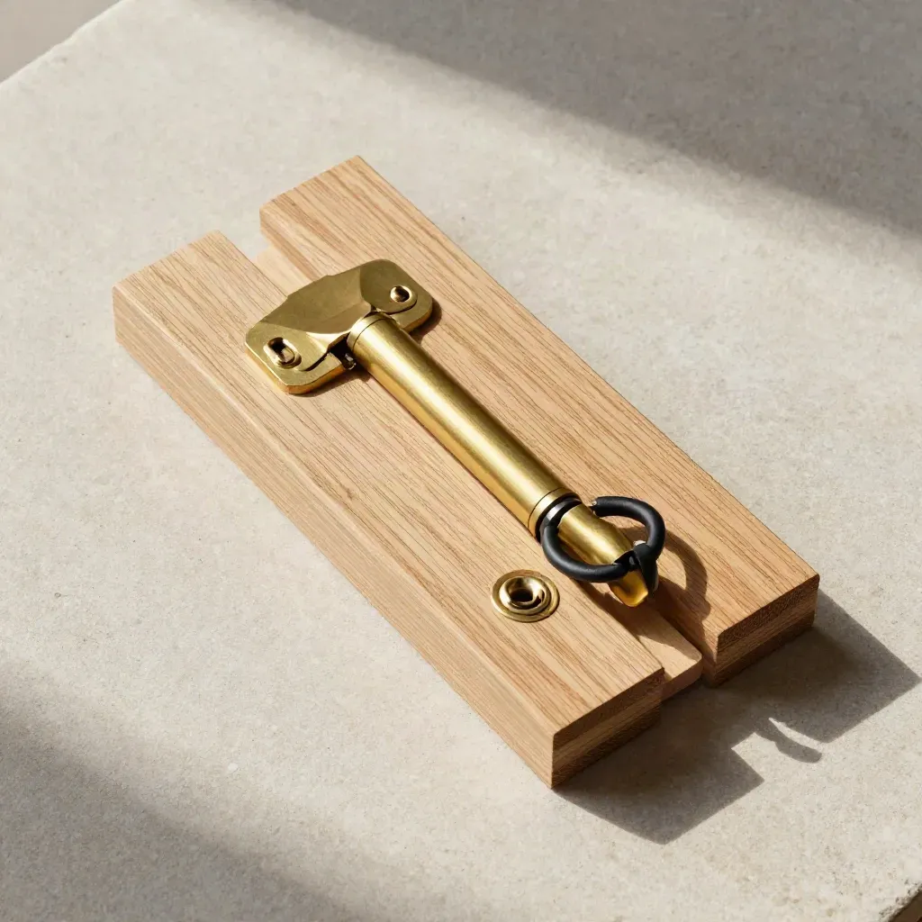 Overhead flatlay of a timber doorway mock-up with brass hinge plate and cable grommet on pale stone.