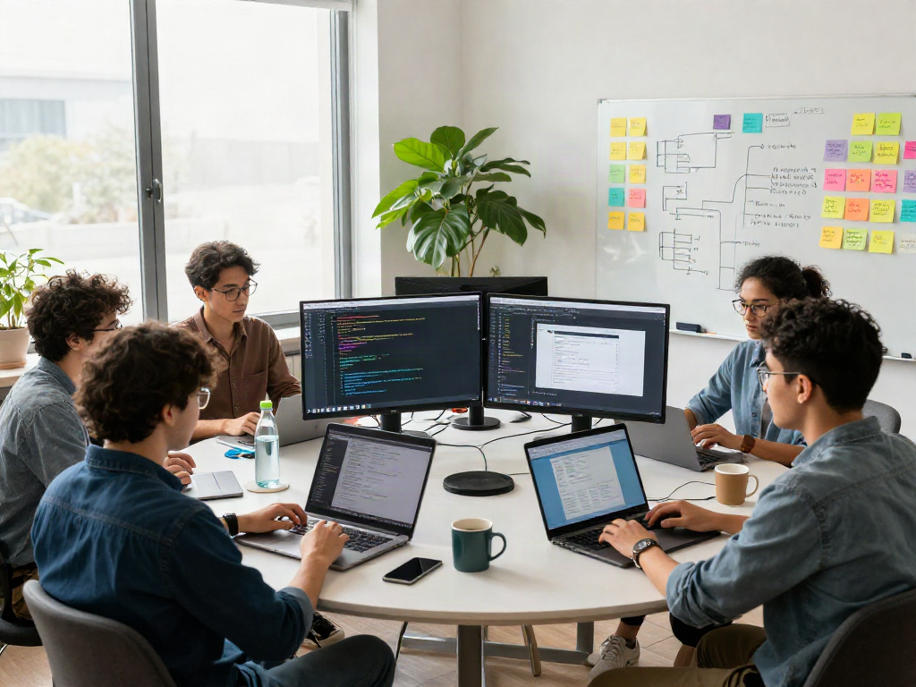 Innovative software development team collaborating on crushon ia applications in a modern workspace.